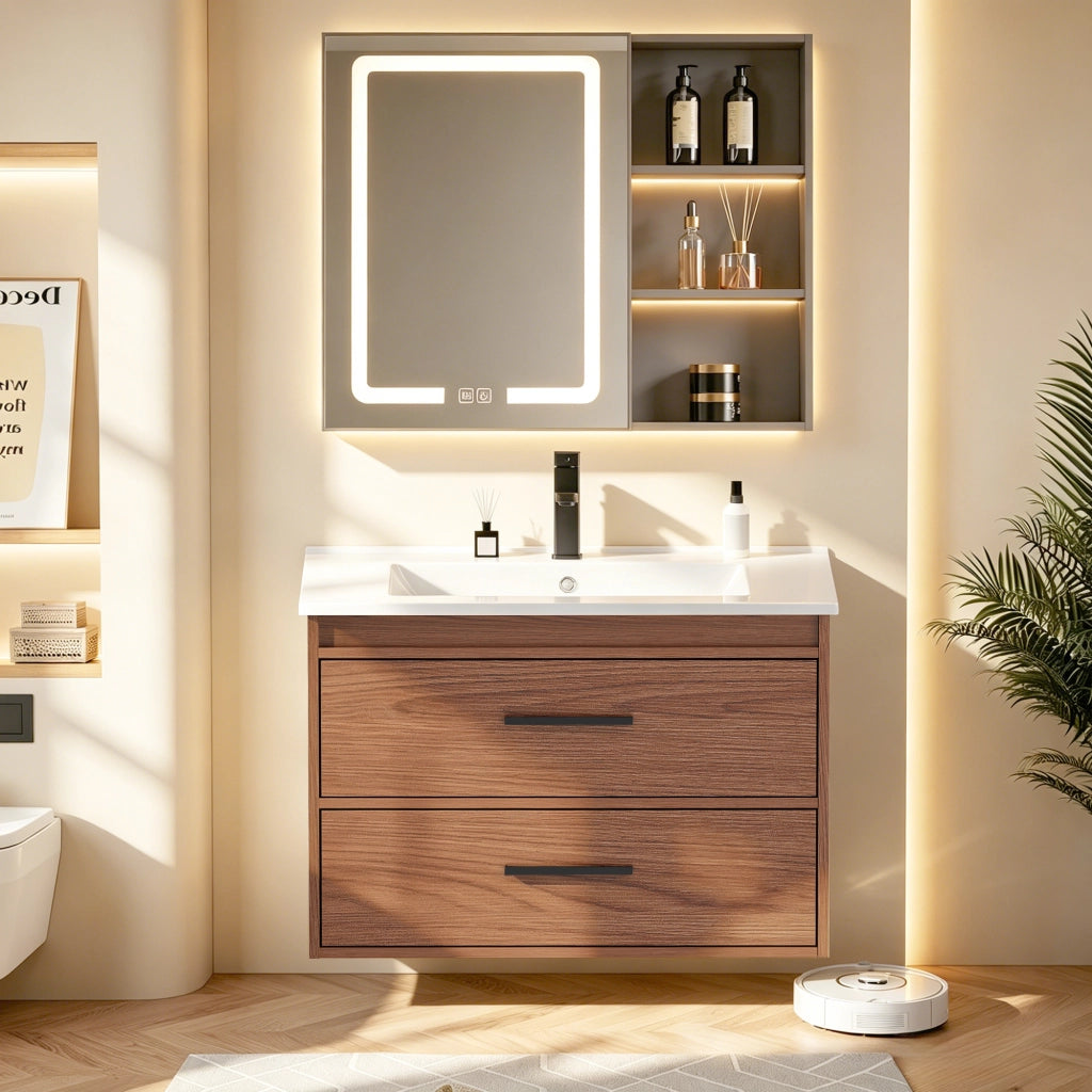 Mobile da bagno in MDF effetto marrone rossiccio con due cassetti