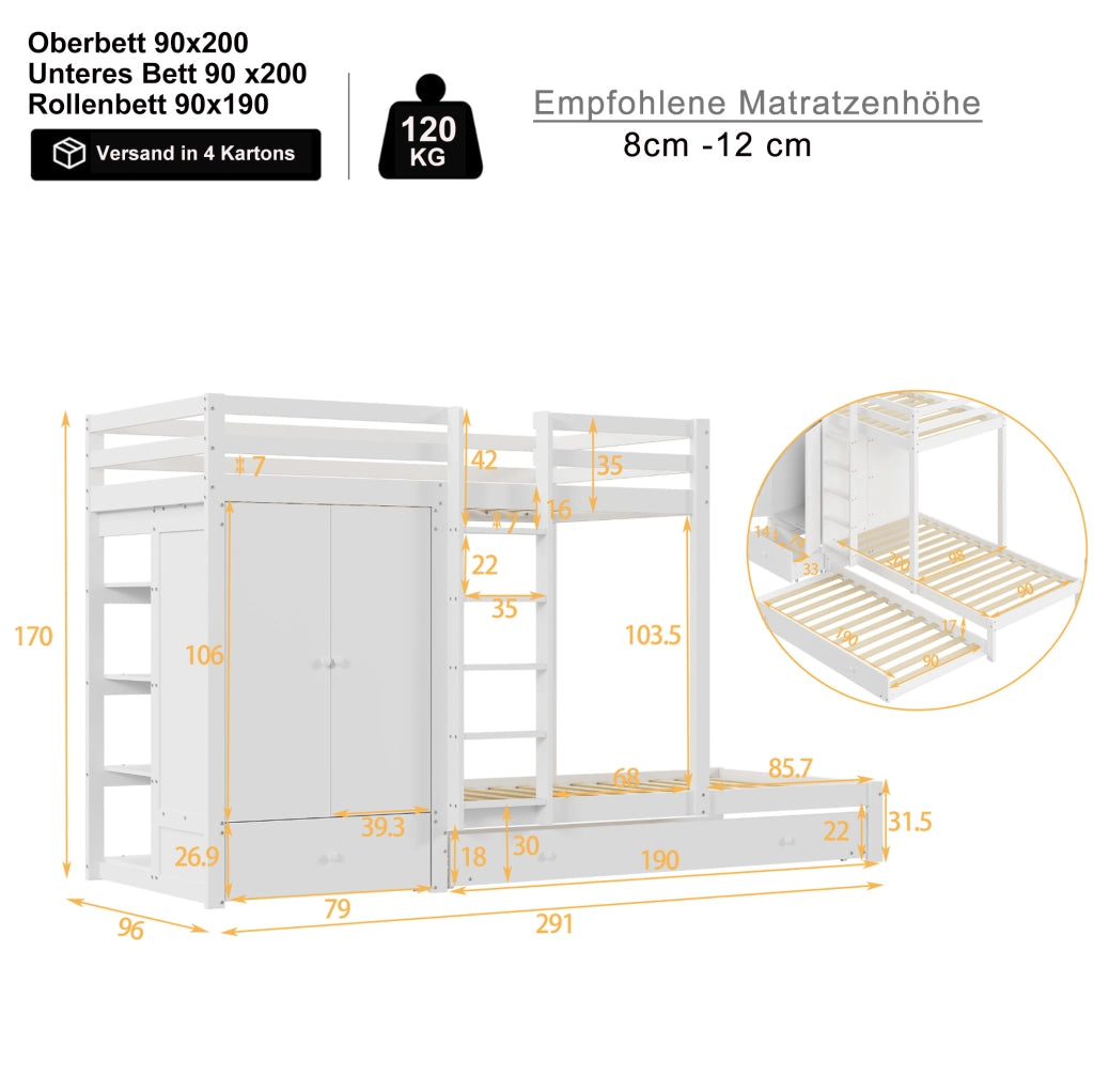 Letto a castello 90x200 in legno massello con letto estraibile; armadio; cassetti e ripiano; bianco