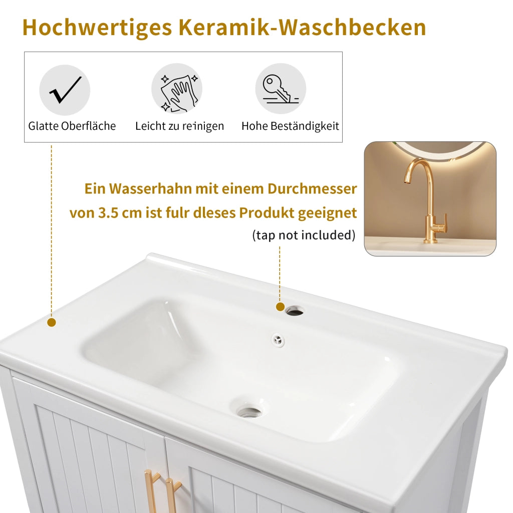 Mobile sottolavabo con lavabo in ceramica e vano inferiore aperto, struttura a pavimento, per bagno, in MDF, bianco