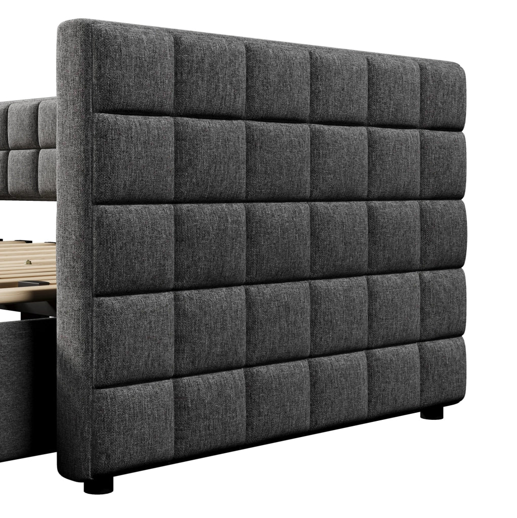 Daybed estraibile 90x200 cm in velluto grigio con 2 cassetti e schienale quadrato