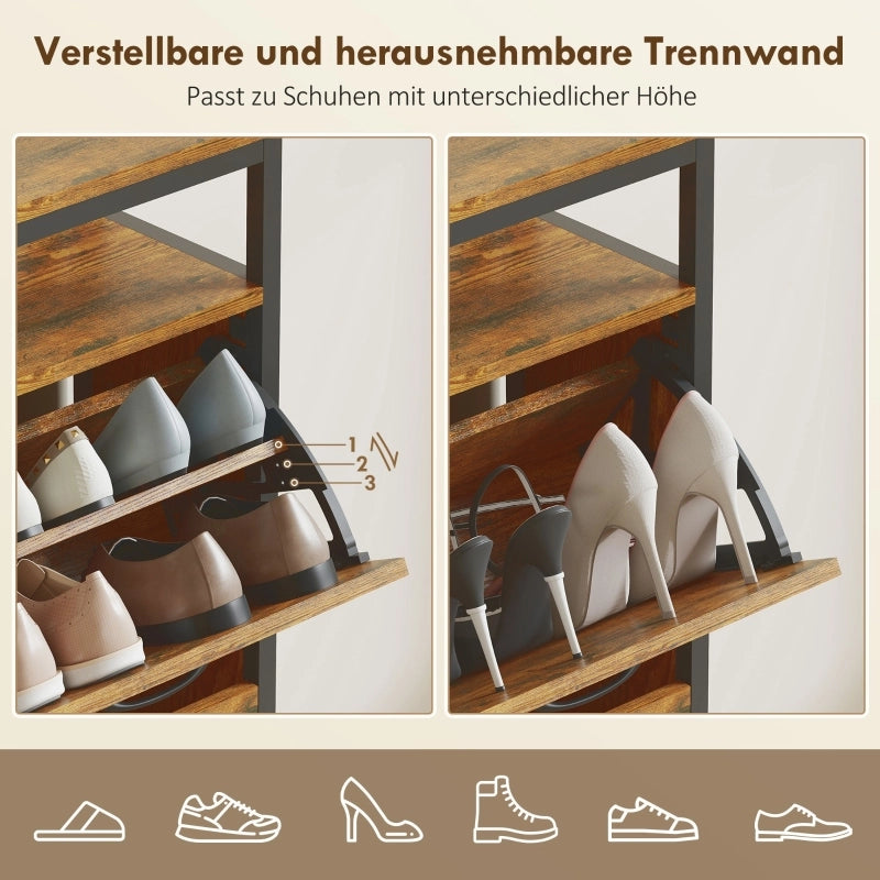 Scarpiera con 4 ante ribaltabili e ripiano aperto, stile industriale, per ingresso, in legno, 98 × 24 × 95 cm