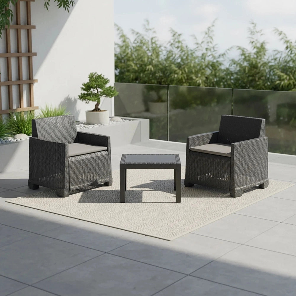 Trade Shop - Set Salotto Da Giardino Con 2 Poltrone Cuscini Tavolino In Polipropilene Effetto Rattan - Antracite