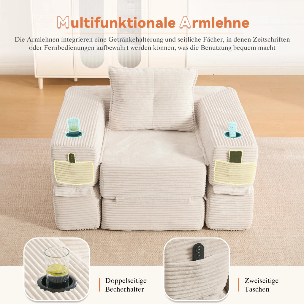 Divano letto modulare con seduta in schiuma e molle, tasche laterali e portabicchieri in velluto a coste beige