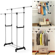 Trade Shop - Stand Appendiabiti Regolabile Telescopico Con Ruote Organizer Abiti Doppio -