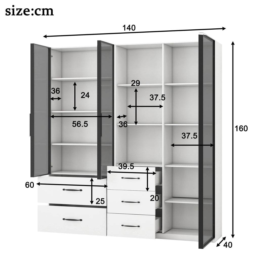 Vetrina LED modulare bianca 140 x 40 x 160 cm con cassetti