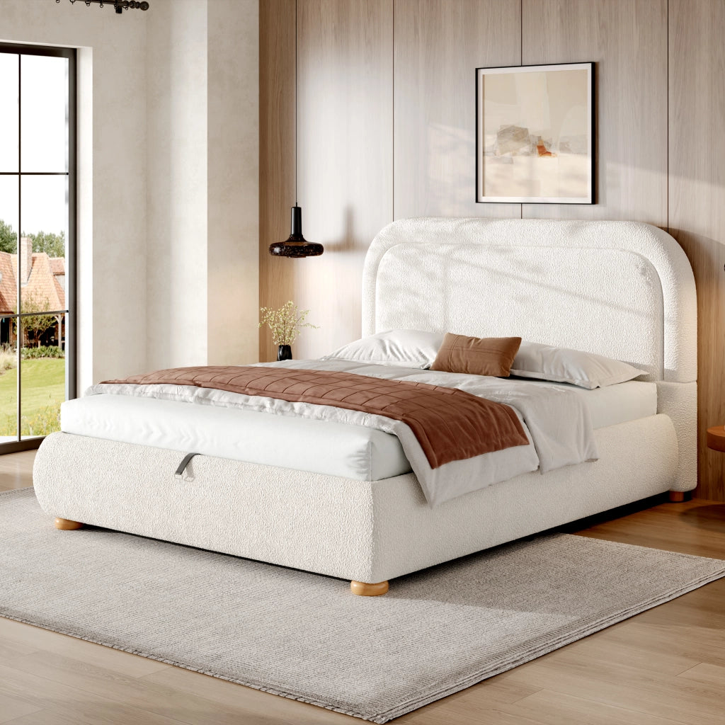 Letto contenitore imbottito 160x200 cm con sollevamento idraulico; rete a doghe; rivestimento bouclé; beige