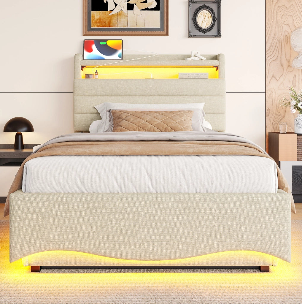 Letto imbottito 90x200 cm con contenitore idraulico; LED; USB e Type-C in lino beige