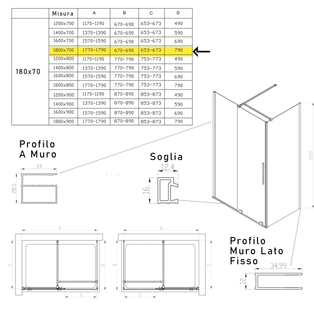 Box doccia due lati anta scorrevole senza profili 8mm h200 brenta, misura 70x180