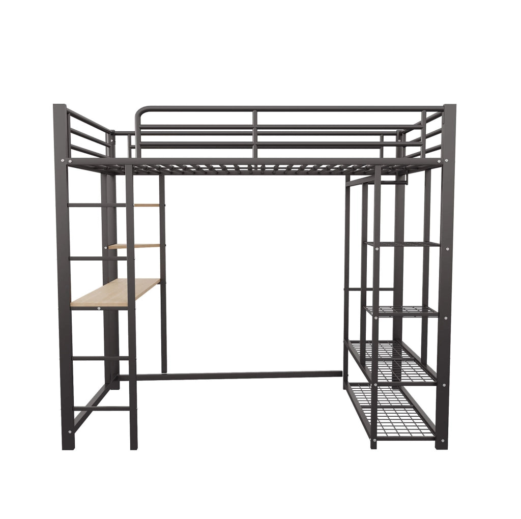 Letto a soppalco singolo 90x200 cm in metallo nero con scrivania; armadietto e scala