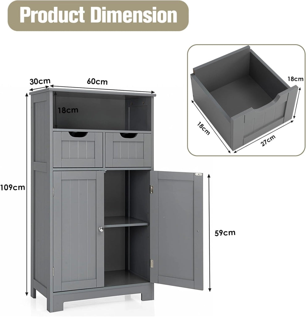 Mobile da Bagno con 2 Cassetti e 2 Armadi a Porta, 60 x 30 x 109 cm, Armadietto da Terra Autoportante in MDF, Armadio d’Archivio per Soggiorno, WC, Camera da Letto, Cucina (Grigio)