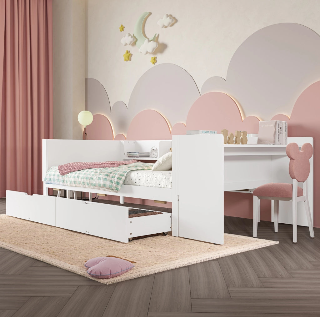 Letto 90x200 cm con scrivania; 2 cassetti e ripiani in legno bianco