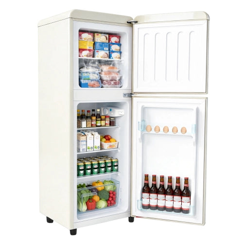 Frigorifero a doppia porta (112L) – controllo della temperatura a 7 livelli; classe di efficienza energetica E; luce LED; ripiani regolabili e portauova – Crema