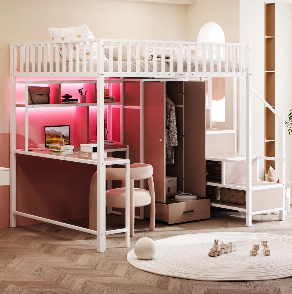 Letto a soppalco in metallo 140x200 cm con scrivania; armadio; ripiani; cassetti e LED; bianco