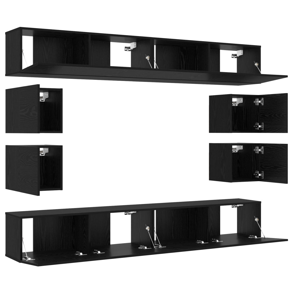 Set di mobili TV  a 8 pezzi montato a parete in rovere nero legno ingegnerizzato
