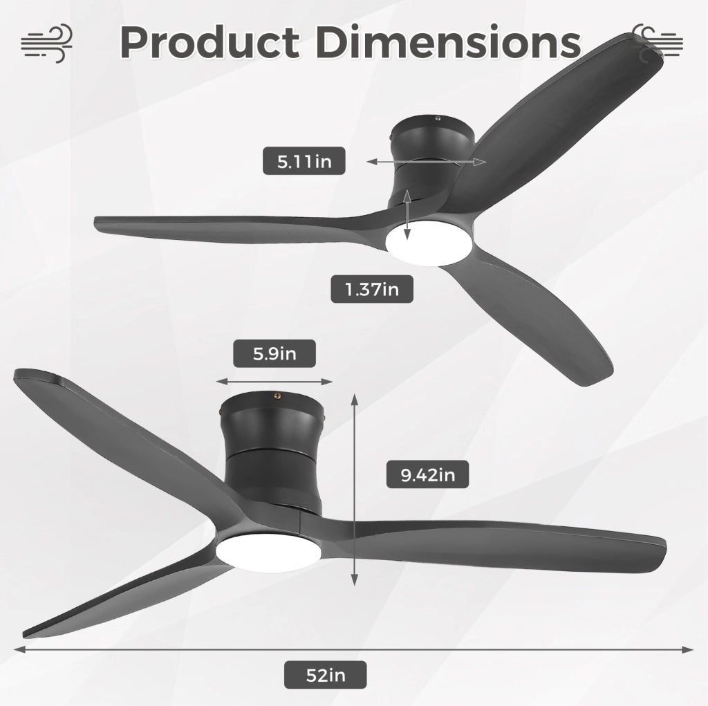 Ventilatore da soffitto 52 pollici con luce LED dimmerabile e telecomando nero opaco