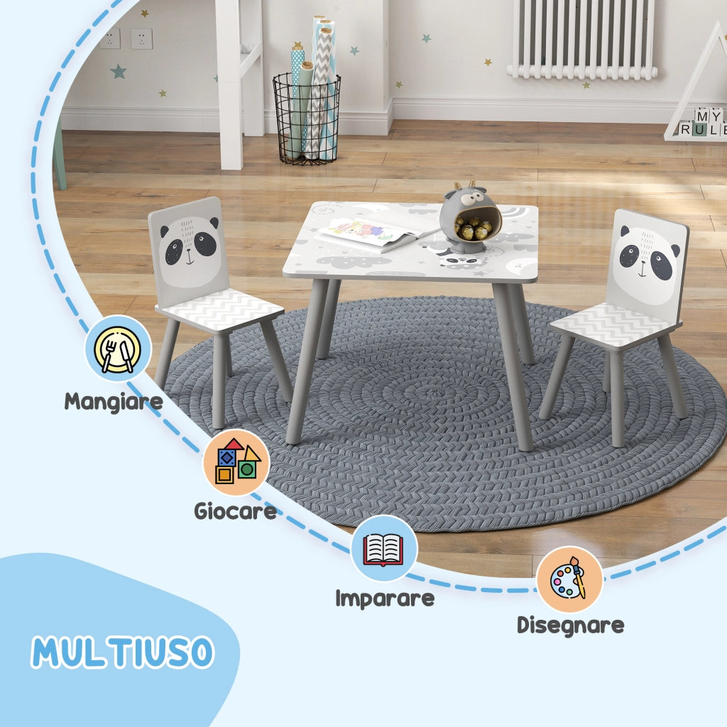 Set Tavolino e 2 Sedie per Bambini Panda in MDF e Legno di Pino Grigio