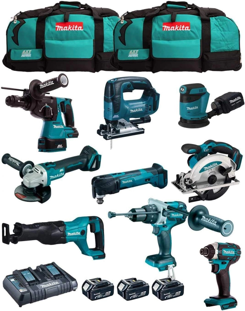 MAKITA Kit MK902 (DHP481 + DHR243 + DGA504 + DTD152 + DJV182 + DSS610 + DJR186 + DBO180 + DTM51 + 3 Batterie 5,0 Ah + Caricabatterie + 2 x LXT600)
