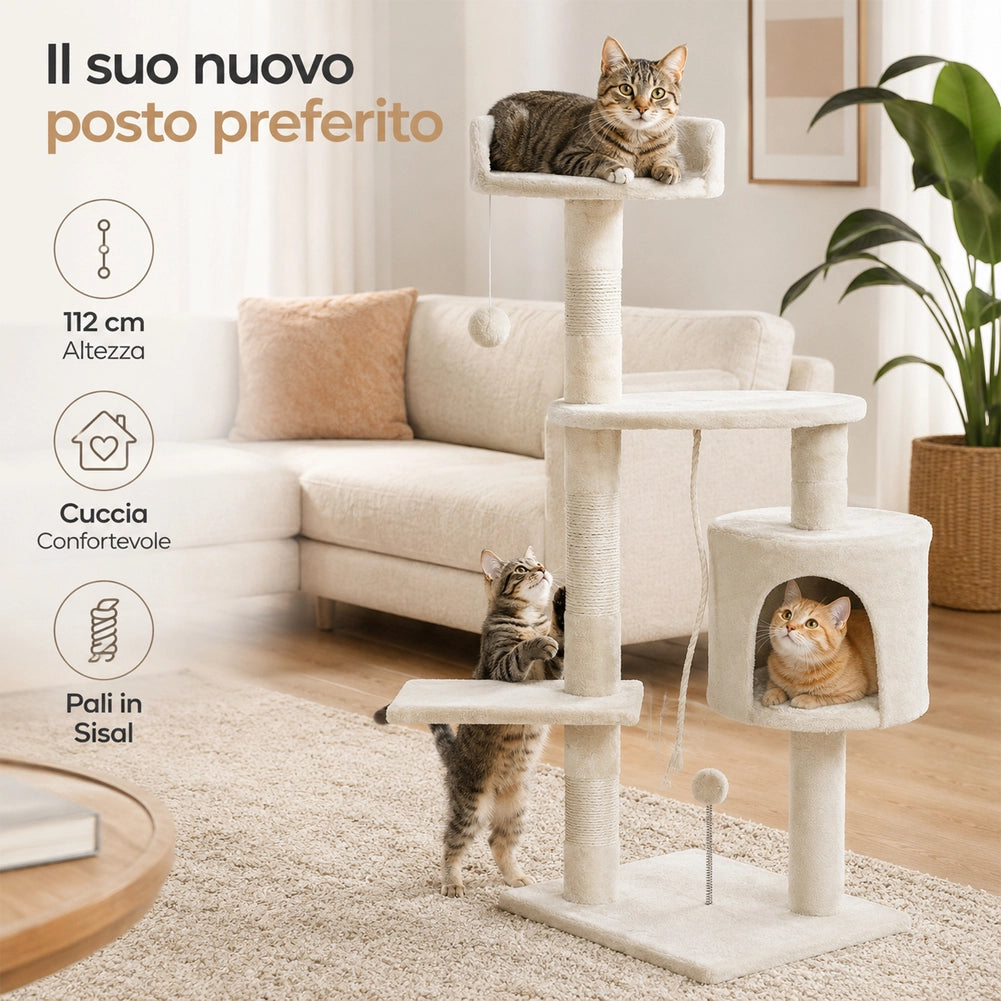 Albero Tiragraffi per Gatti Parco Giochi Cuccia Graffiatoio gatto H112cm Crema