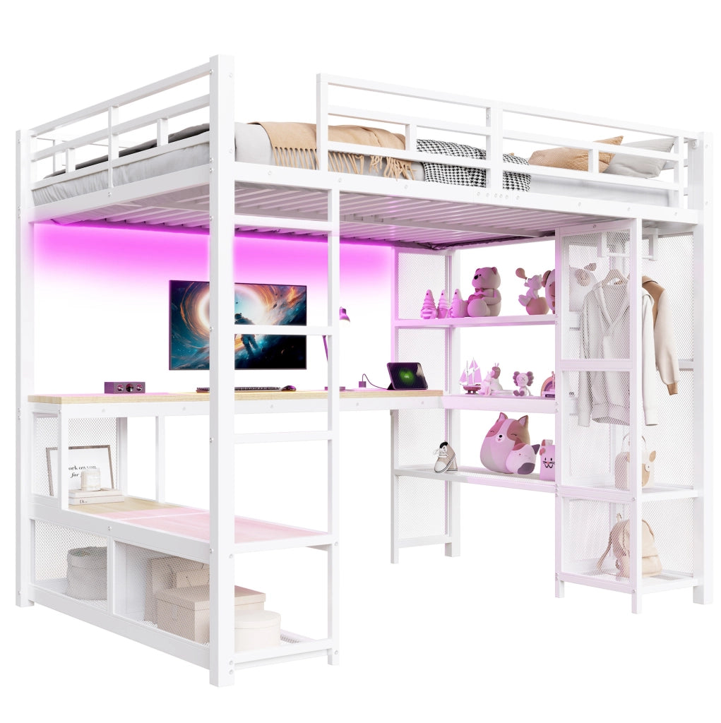 Letto a soppalco 140x200 cm con scrivania; LED e armadio aperto in metallo e MDF bianco