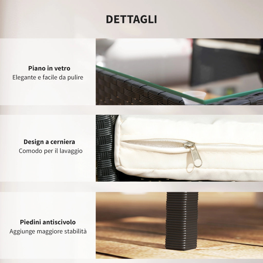 Set da Giardino 4Pezzi in Rattan con 2 Sedie, Poltrona da Giardino a 2 Posti e Tavolino Basso