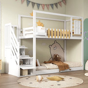 Letto a castello 90x200 cm con scala e vani portaoggetti in legno e MDF bianco naturale