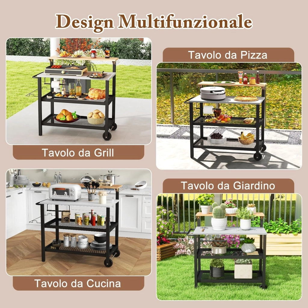 Carrello per Barbecue con 3 Ripiani e Tavola Ribaltabile, Carrello da Cucina con Ruote e 6 Ganci, Carrello Porta Griglia Multiuso in Ferro Zincato, per Interno ed Esterno, 116 x 55 x 130 cm
