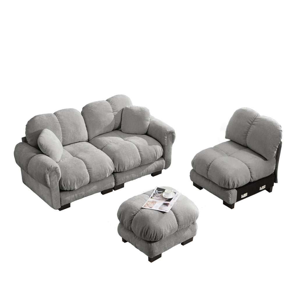Divano angolare 3 posti con pouf mobile 260x149x90 cm in chenille grigio chiaro
