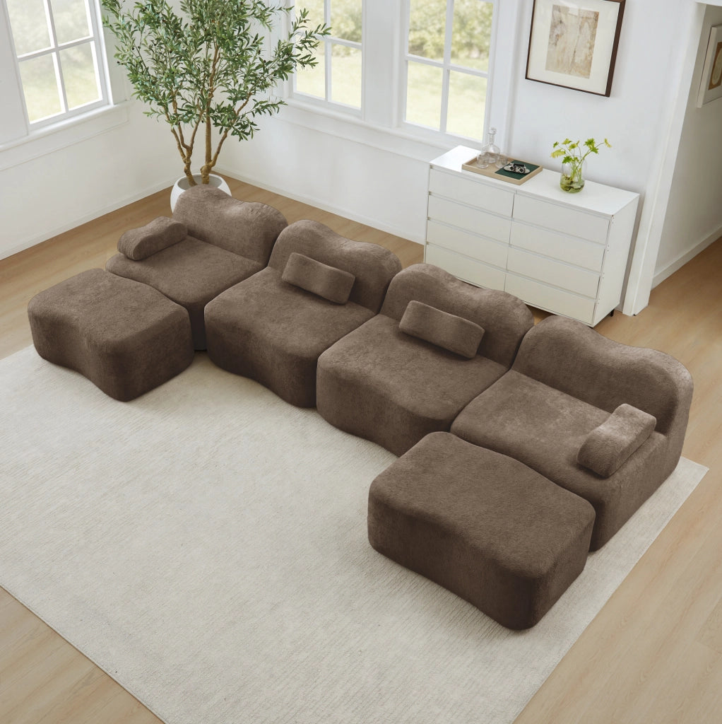Divano angolare modulare a onda 384x167x70 cm in velluto marrone; senza struttura interna