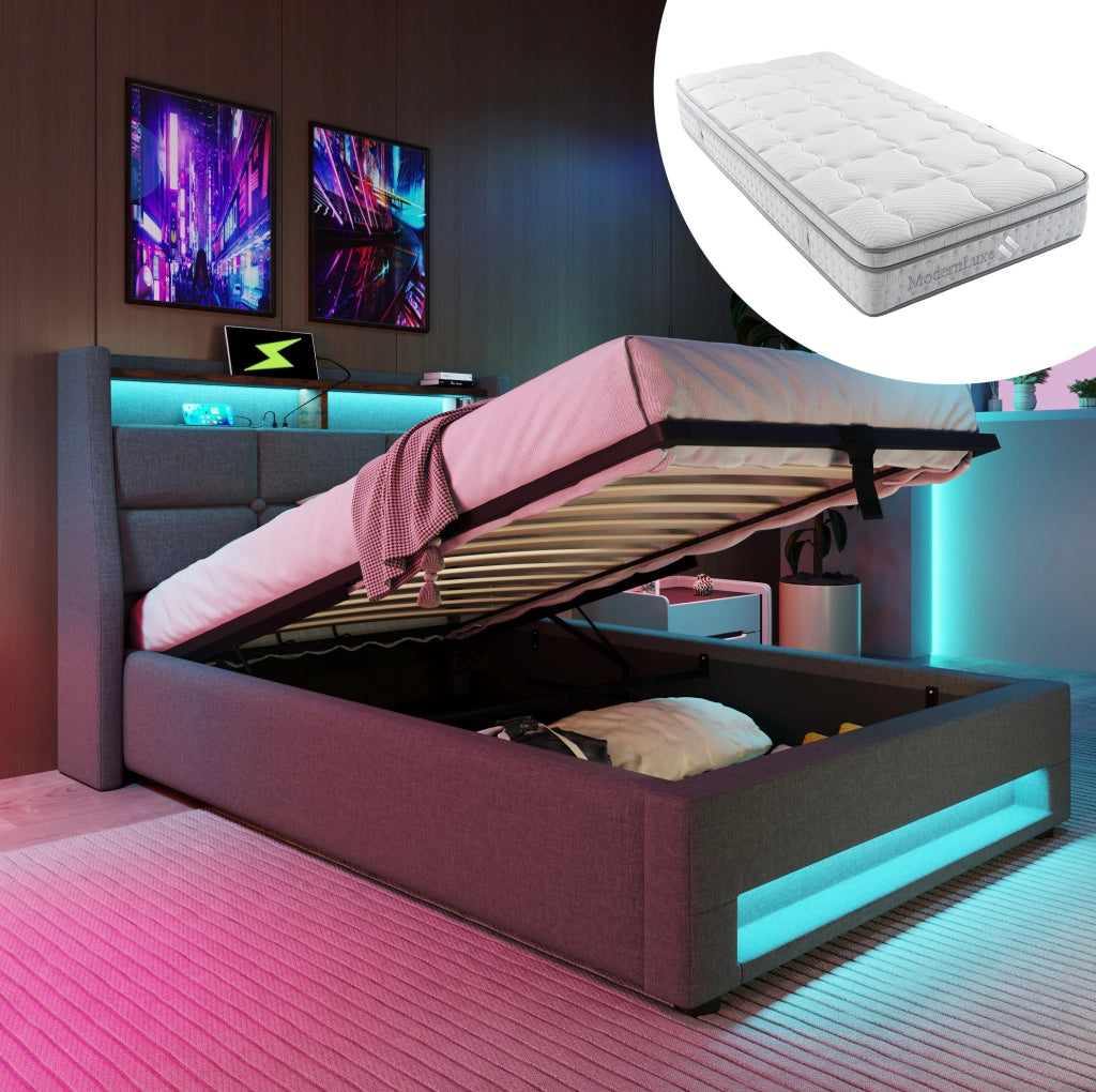 Letto imbottito 90x200 cm con LED e USB; stile vintage; grigio; con materasso