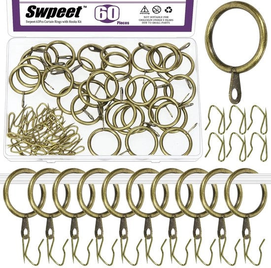Kit di accessori per tende con 60 pezzi, anello metallico in bronzo con diametro interno 25mm/1", con pin per appendi tenda, per tende di finestra, tende doccia e porte.