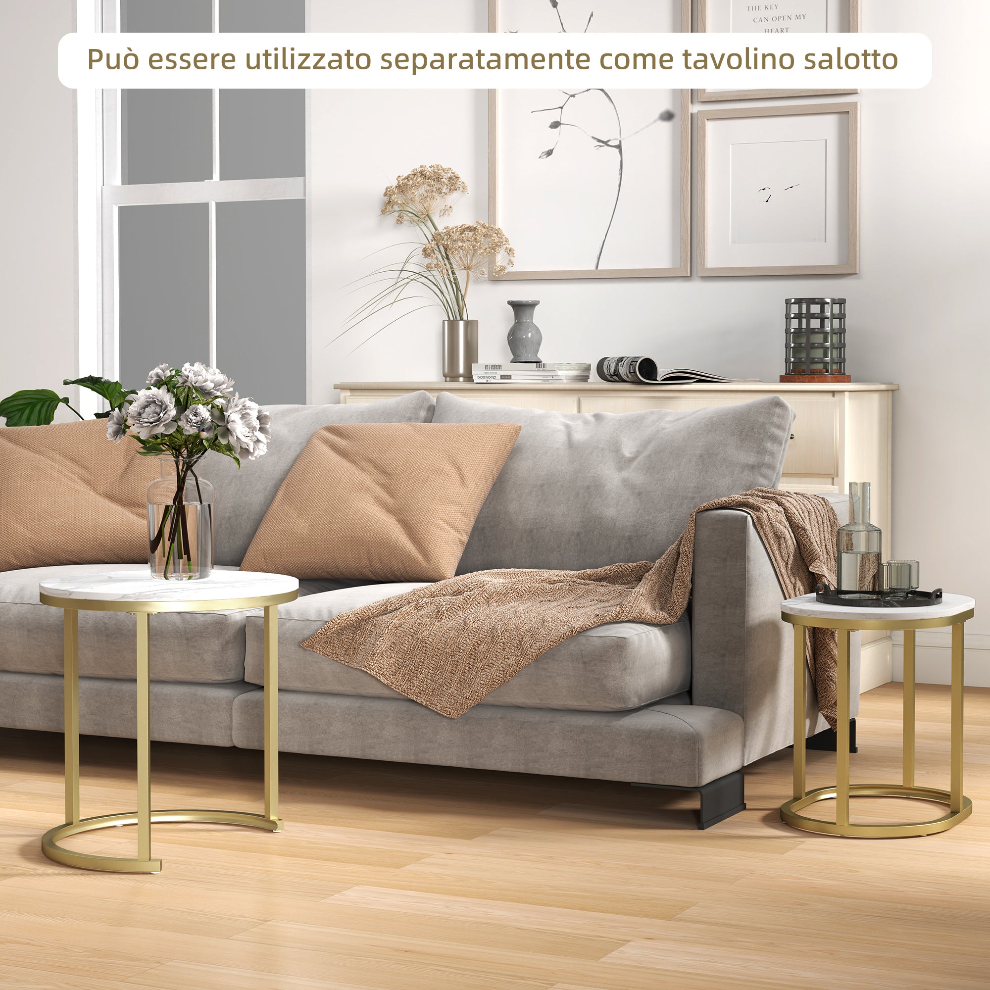 Set 2 Tavolini da Caffè Ø50x50.5 cm e 60x36x43.5 cm con Piano Effetto Marmo in Legno e Acciaio Bianco