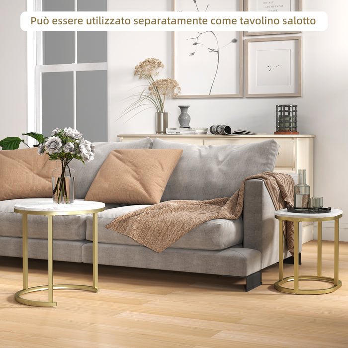 Set 2 Tavolini da Caffè Ø50x50.5 cm e 60x36x43.5 cm con Piano Effetto Marmo in Legno e Acciaio Bianco