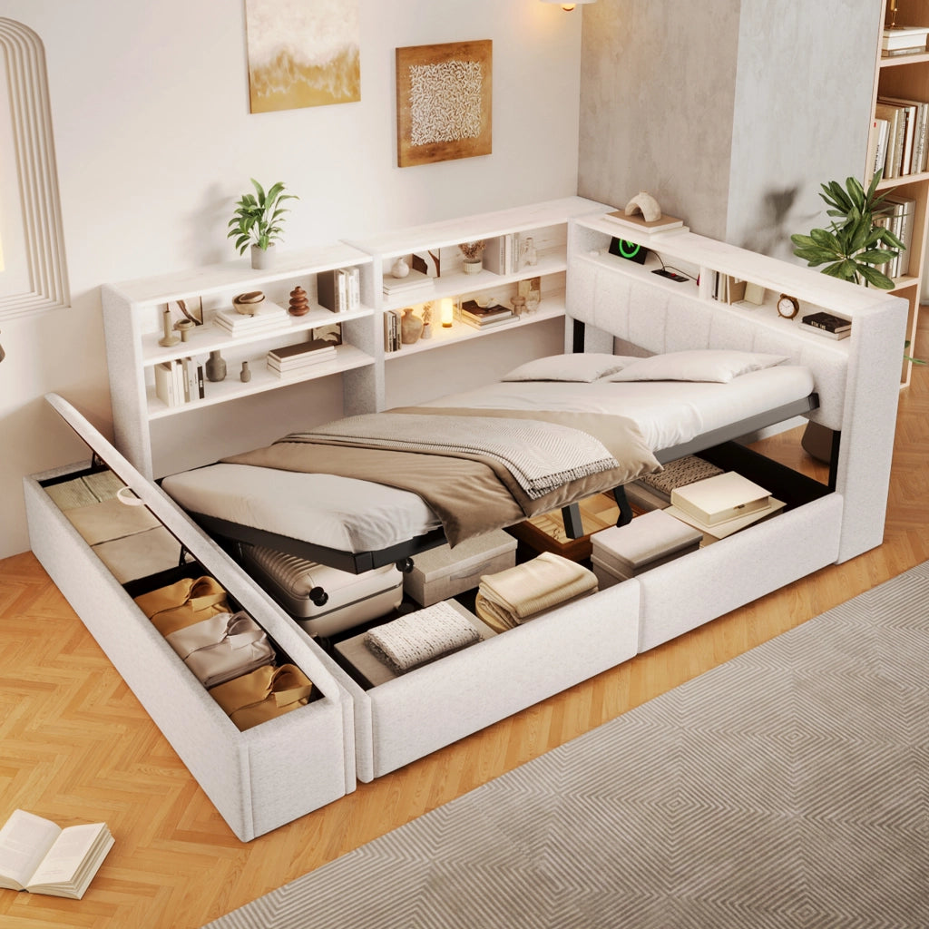 Letto contenitore 140x200 in velluto con sollevamento idraulico; luce RGB e prese USB
