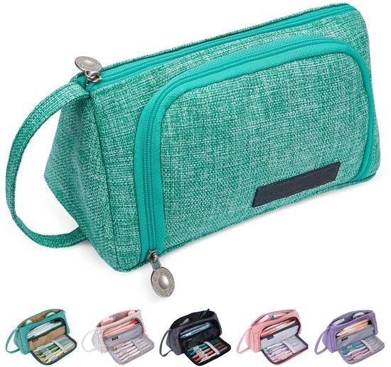 Etui grande, 2-compartimenti con maniglia, organizzatore portatile per articoli da ufficio, etui, organizzatore carino per scuola, ufficio, ragazze, donne (verde)