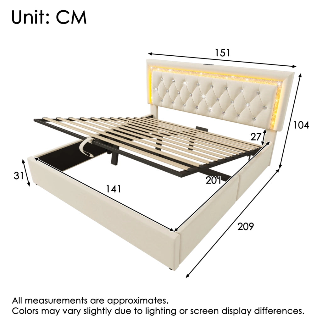 Letto imbottito 140x200 cm con contenitore; LED e ricarica USB Type-C in velluto beige