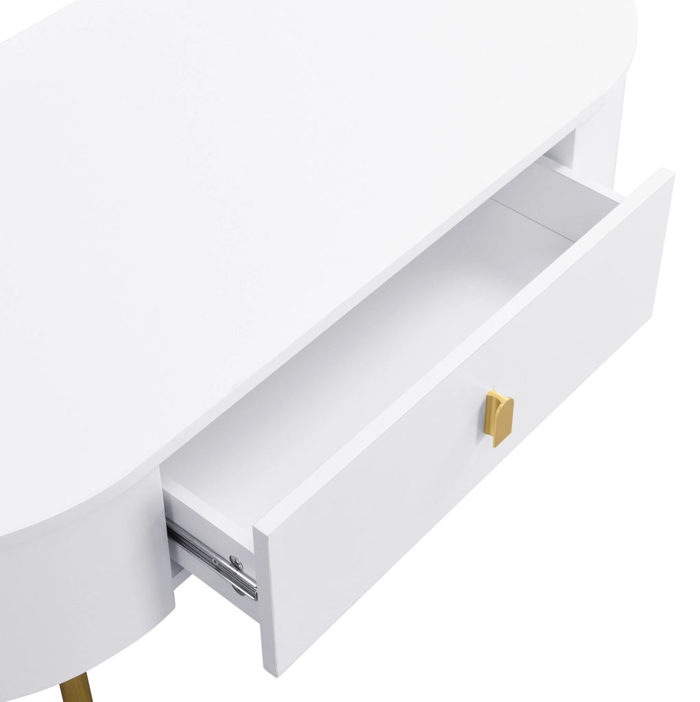 Tavolino da caffè con 2 cassetti; angoli arrotondati; bianco e oro; 108x50x40 cm