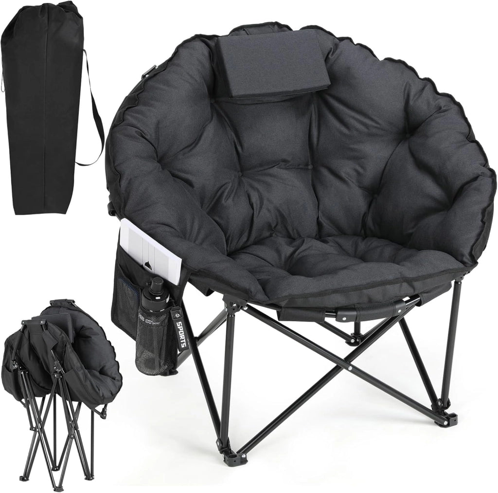 Sedia da campeggio 95 x 83 x 93 cm, sedia pieghevole Moon con seduta imbottita in cotone, poggiatesta, portabicchieri, piedini antiscivolo, borsa portaoggetti e supporto, 150 kg, portatile