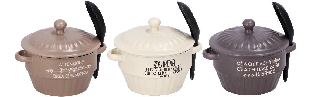 1 Pezzo Zuppiera da Portata in Ceramica con Coperchio e Cucchiaino 450 ml 3 Colori