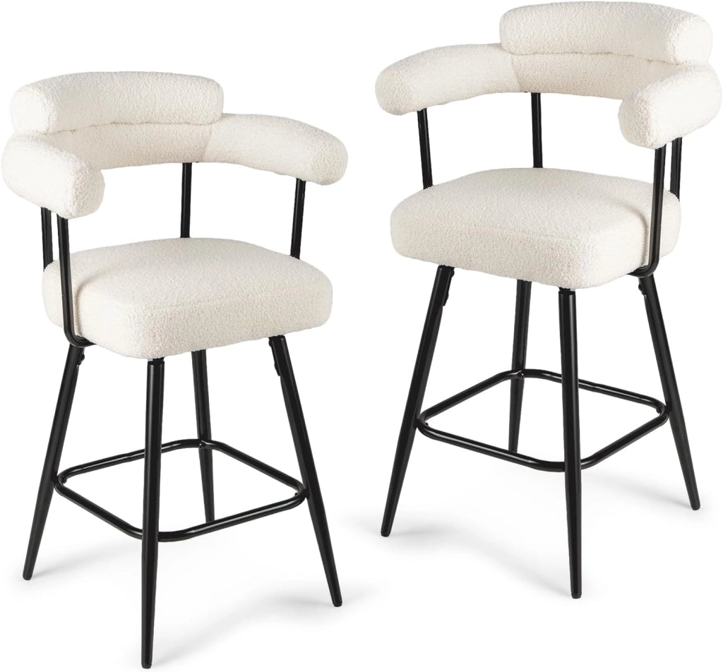 Set di 2 Sgabelli da Bar Girevoli Altezza 69 cm, Sedie Moderne Imbottite con Tessuto Boucle, Schienali Curvi e Gambe in Metallo, Sedie Girevoli per Isola Cucina, Casa, Bianco/Grigio (Bianco)