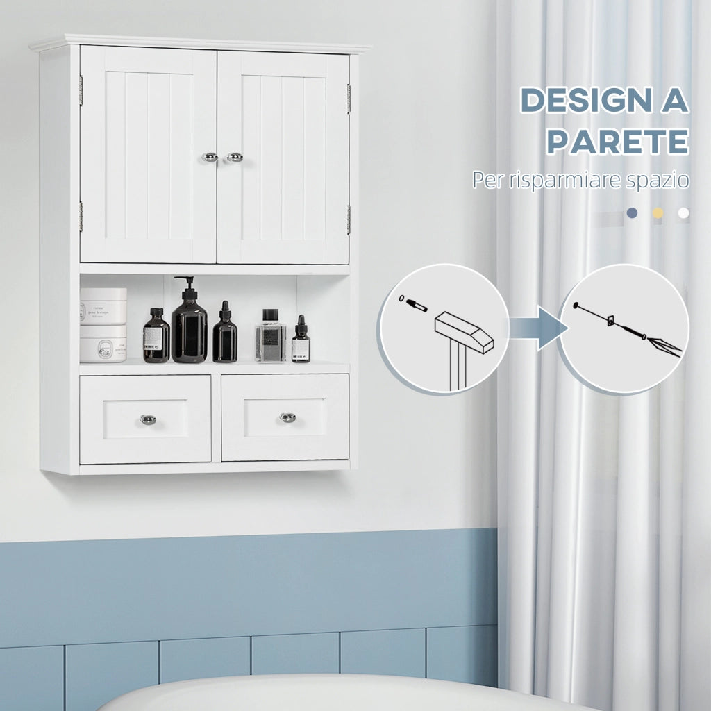 Armadietto Pensile Bagno a 2 Ante con Ripiano Aperto e 2 Cassetti in Legno, Bianco