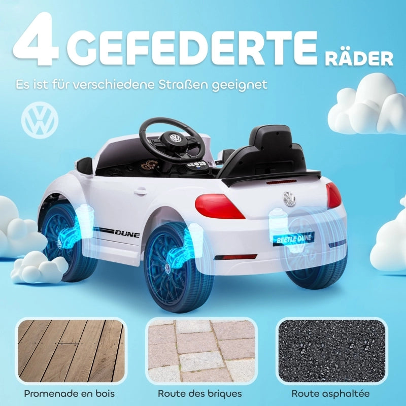 Macchina elettrica per bambini, modello Maggiolino VW, velocit¨¤ 3-5 km/h, con telecomando e musica, colore bianco.