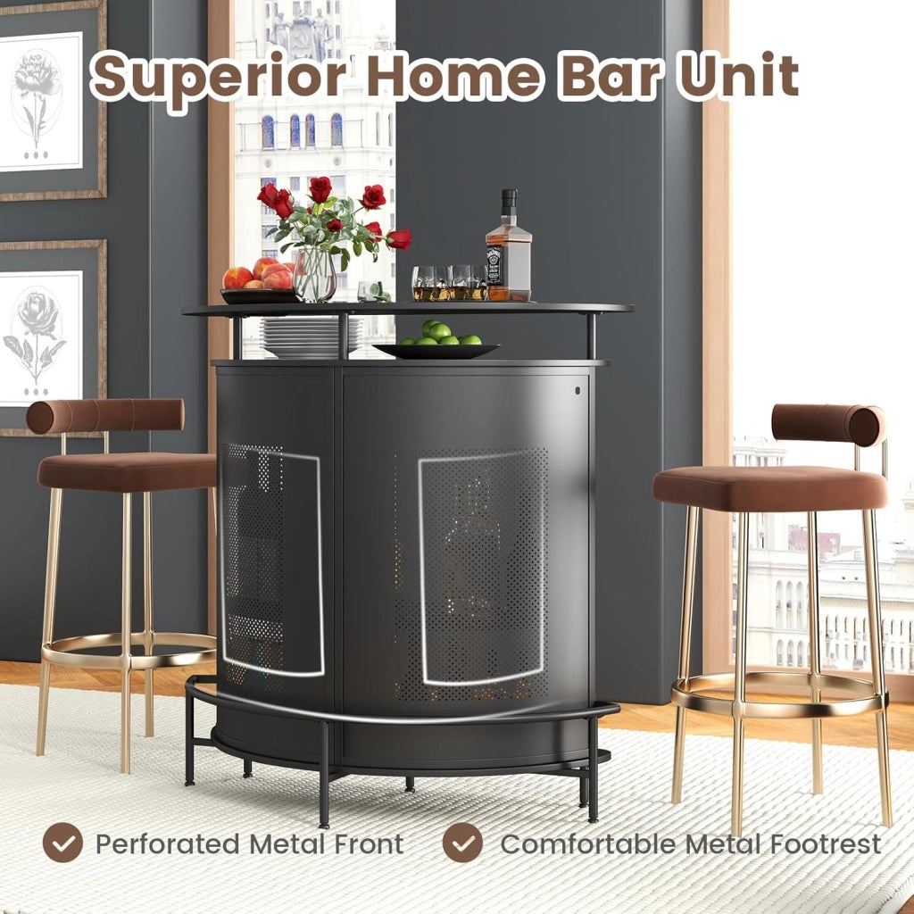 Tavolo da bar con 1 ripiano rialzato e 3 portabicchieri, tavolo da vino a 4 livelli, tavolo per bere, cucina, poggiapiedi in stile industriale, nero, 110,5 x 48 x 112,5 cm (semi-circolare)
