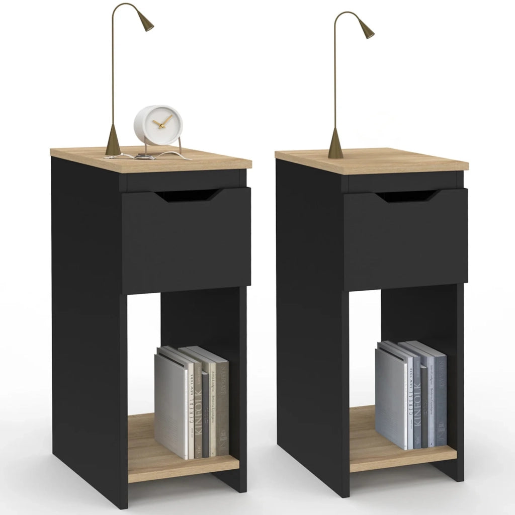 IDMarket - Set di 2 comodini stretti a 1 cassetto ANOUK con nicchia nera e legno
