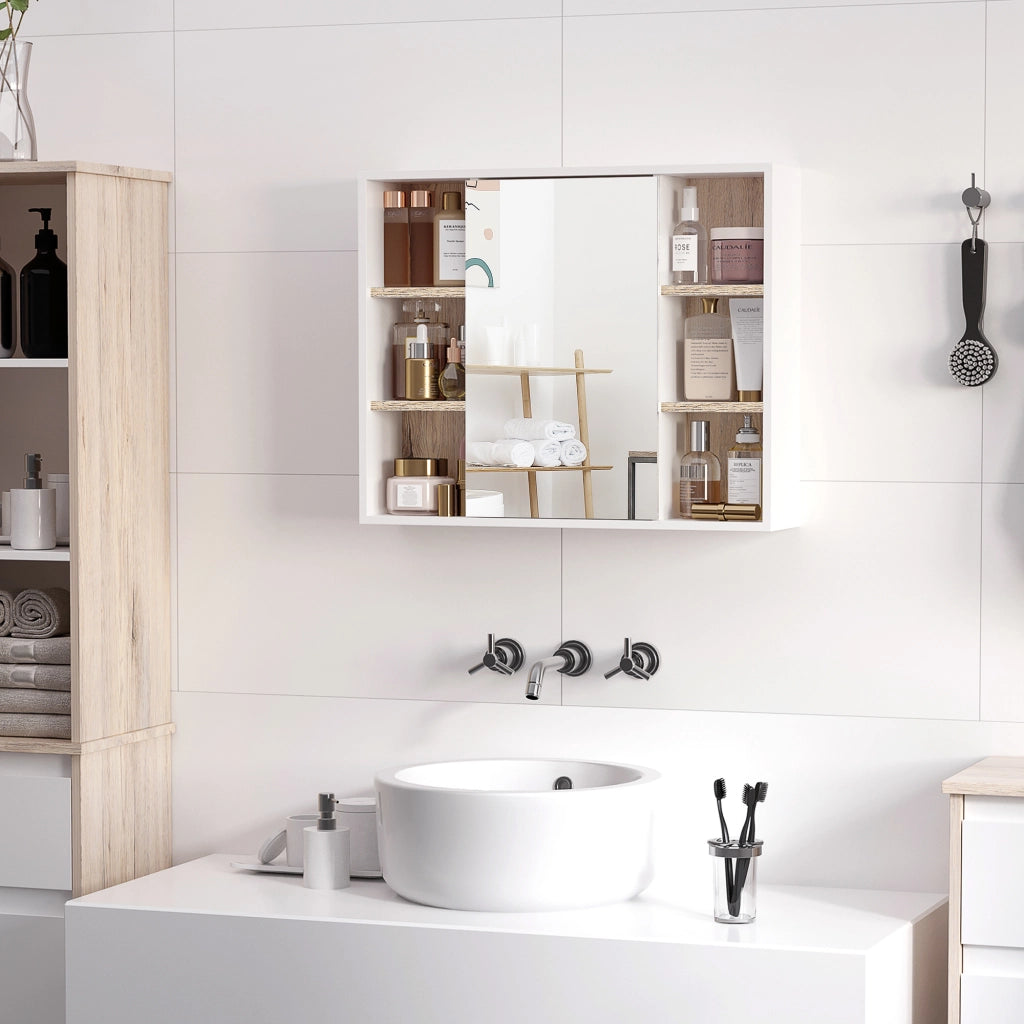 Armadietto con Specchio in MDF e Truciolato con 3 Ripiani Laterali e Ripiano Regolabile Interno. 60x14.5x49.4 cm