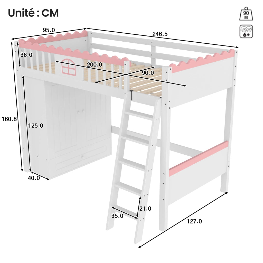 Letto a soppalco singolo 90×200 cm con LED; armadio e cassetto; senza materasso; pino e MDF; bianco