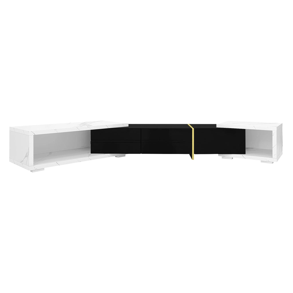 Mobile TV moderno - Zephmum- Lunghezza variabile 140-260 cm, rotante, finitura marmo bianco e nero lucido