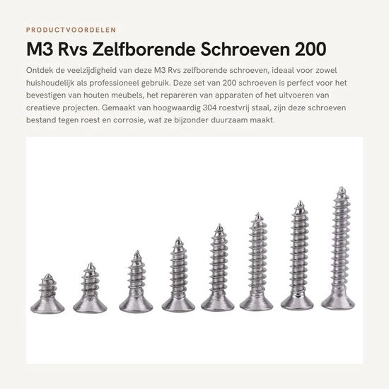 Viti Autoalimentanti 200 Pezzi - Acciaio Inox 304 - Testa Piana - Testa Ruotabile - Viti Autoalimentanti - Resistente All'Ossidazione
