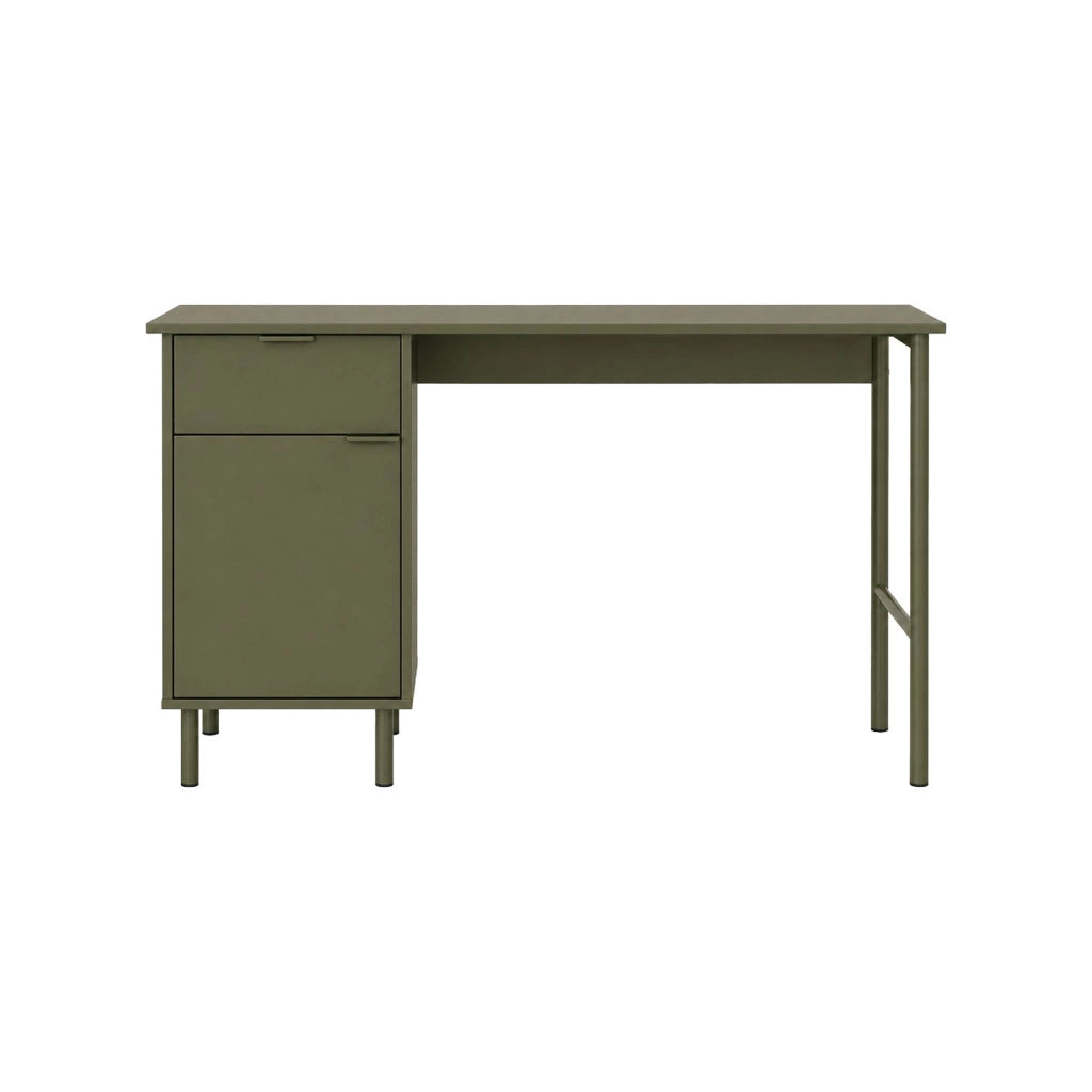 Scrivania decorata in legno e metallo 1 cassetto 1 anta, verde kaki