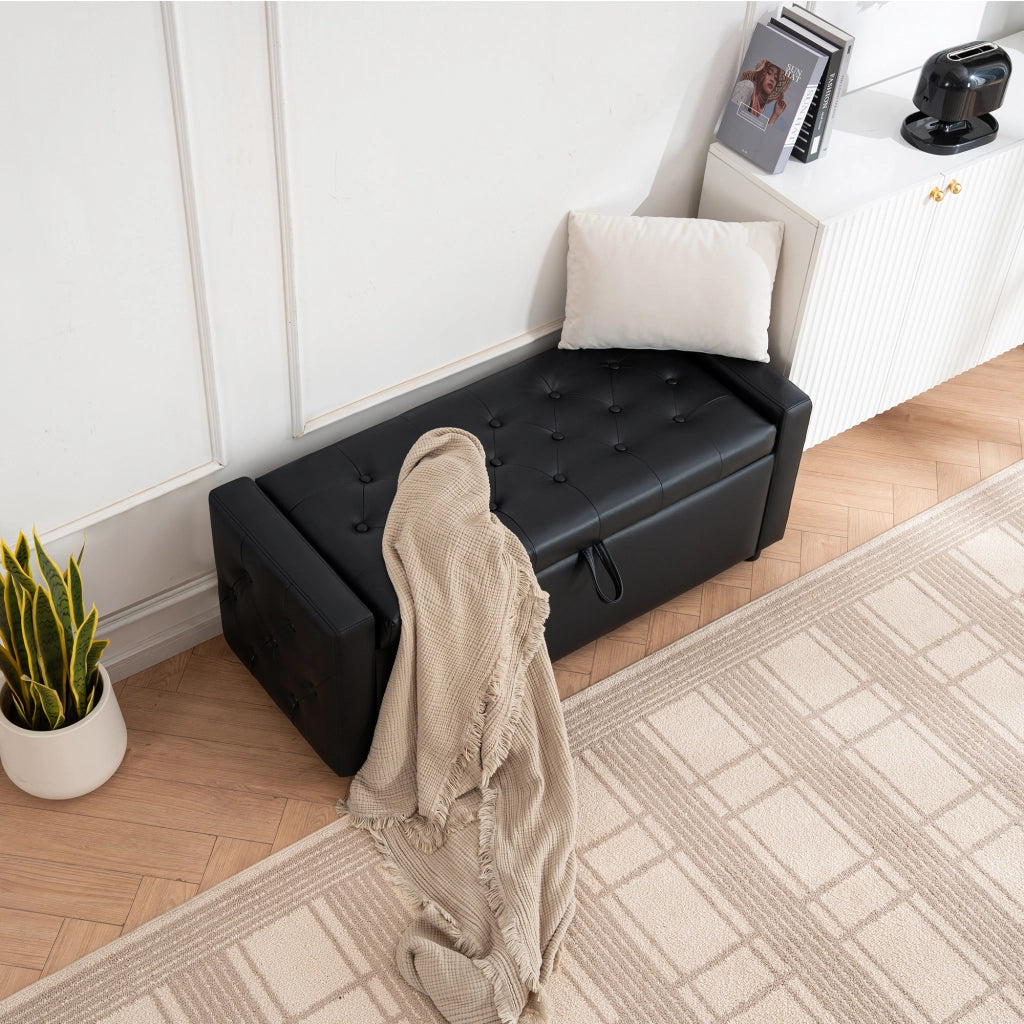 Panca contenitore rettangolare imbottita con vano portaoggetti per camera e ingresso in similpelle nera 122×45×47 cm
