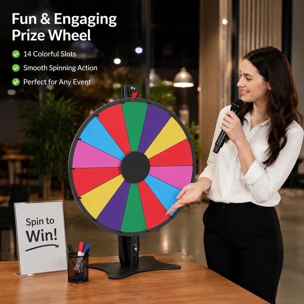 Lucky Wheel (61 Cm) 14 Slots Lucky Wheel With Stand, Height Adjustable, Lottery Games Winning Roulette With Chalkboard Sponge & 2 Markers, 6 Colors, Ideal For Parties, Pubs, Trade Fairs